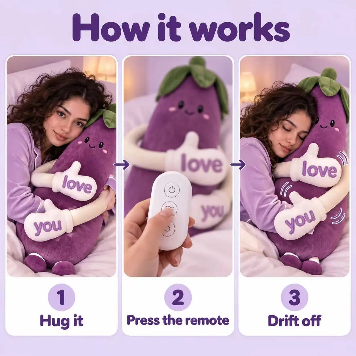 How SleepHugs works – Step 1 Hug it, Step 2 Press the remote, Step 3 Drift off to sleep